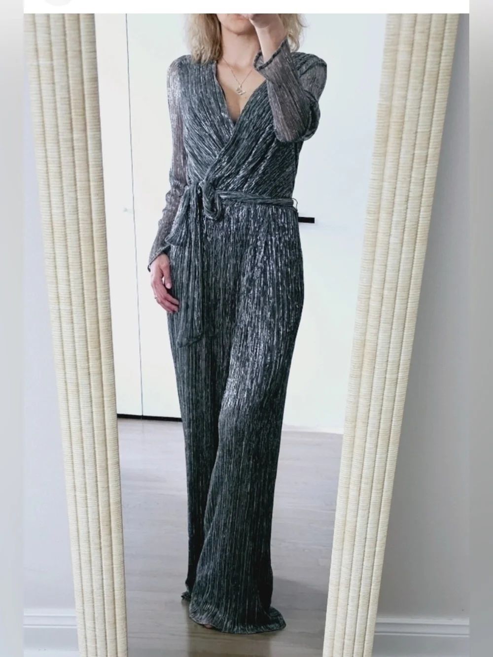 Eliza J Metallic Gray Pleated Wrap Jumpsuit
